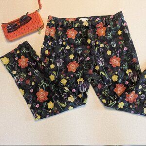 H&M Black Orange & Yellow Cigarette Zip Up Floral Trouser Pants Size 12 EUC
